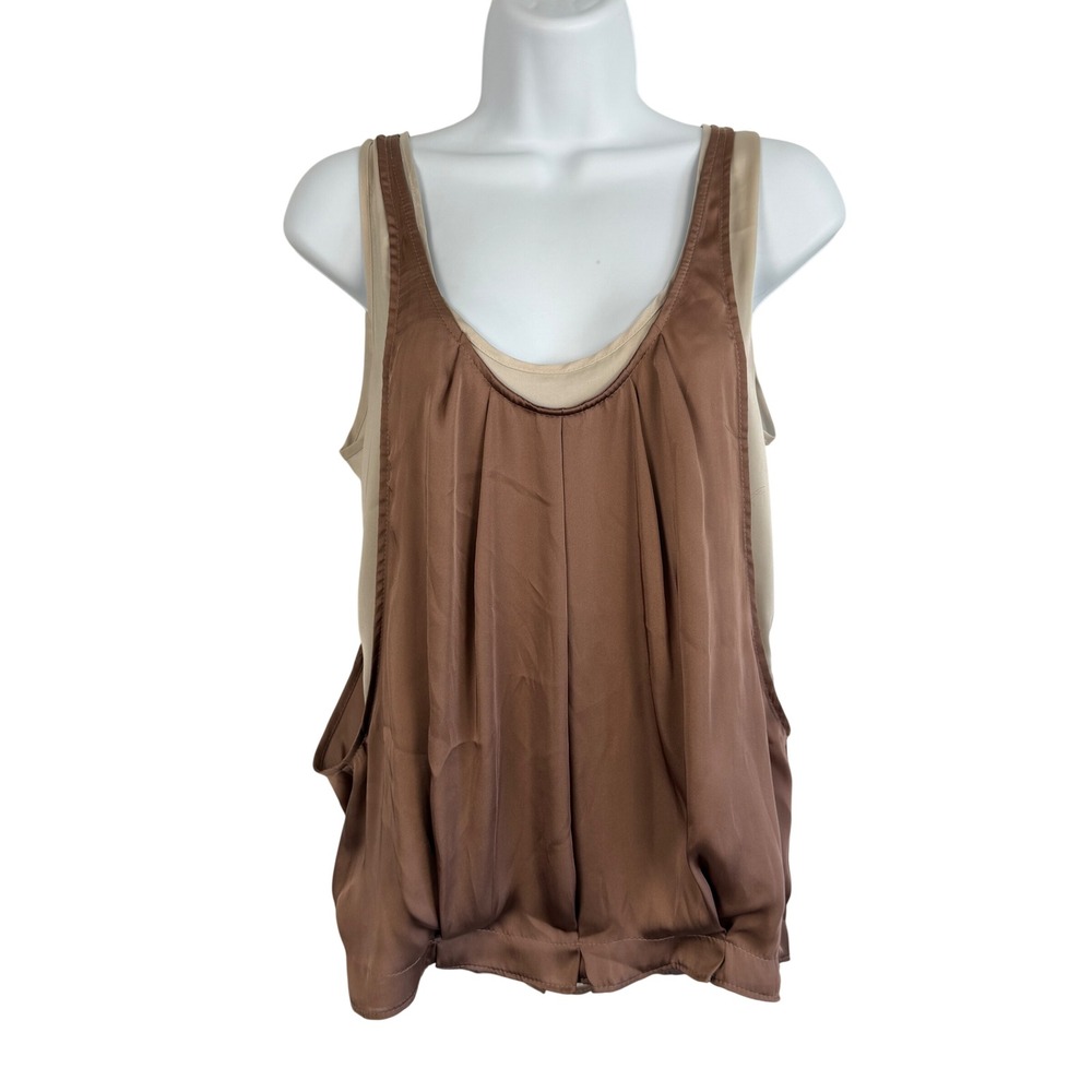 Zara Womens Small Layered Tank Top Brown Tan Pleated Satin Blouse Spain Chic